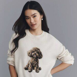 NWT Anthropologie Maeve Crew-Neck Dog Icon Pullover Sweater - Neautral Doodle